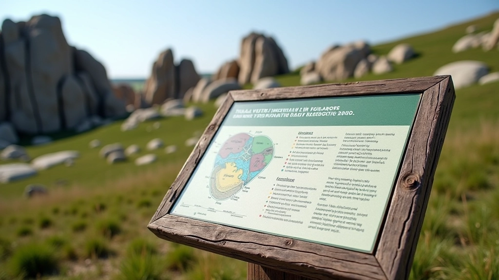 Pažintinis ženklas su geologiniais paaiškinimais šalia akmenų formacijos ir nuošliaužos