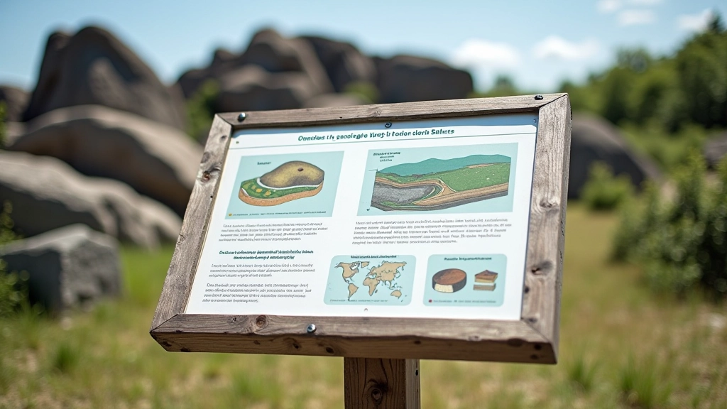 Informacinė lenta su geologine informacija ir spalvotomis diagramomis prie atodangų